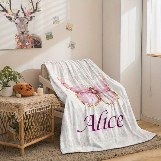 Personalisierte Babydecke mit Name Schmetterlinge pastell rosa creme