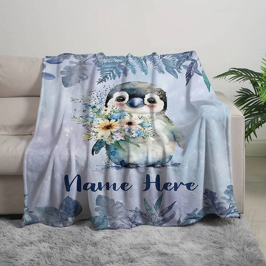 Personalisierte Babydecke mit Name Pinguin blau