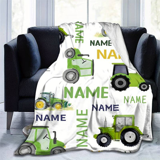 Personalisierte Babydecke mit Name Baufahrzeuge Traktor grün