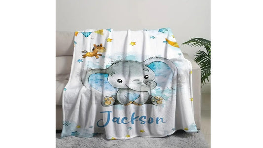 Personalisierte Babydecke mit Name Elefant blau