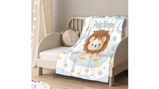 Personalisierte Babydecke mit Name Löwe blau