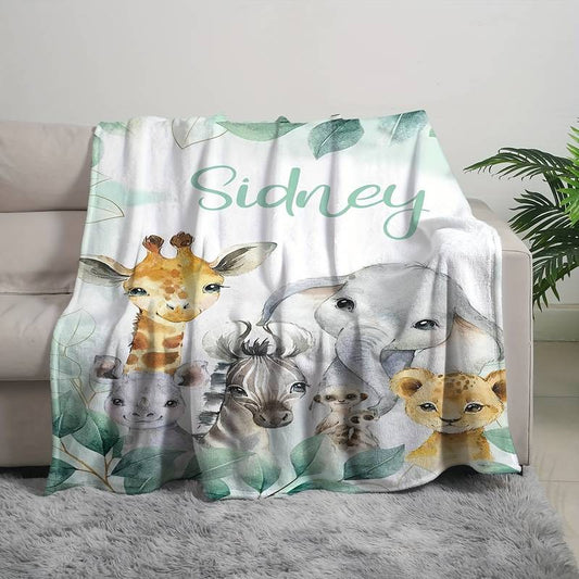 Personalisierte Babydecke mit Name Safari mint